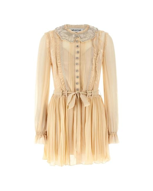 Self-Portrait Natural Tan Pleated Georgette Mini Dress