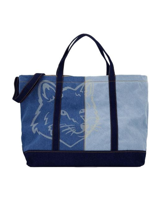 Maison Kitsuné Blue Fox Head Weekender Shopper Bag Denim Blau