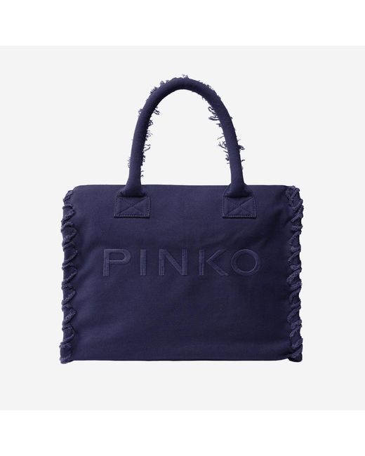 Pinko Blue Cotton Shopper Bag With Logo