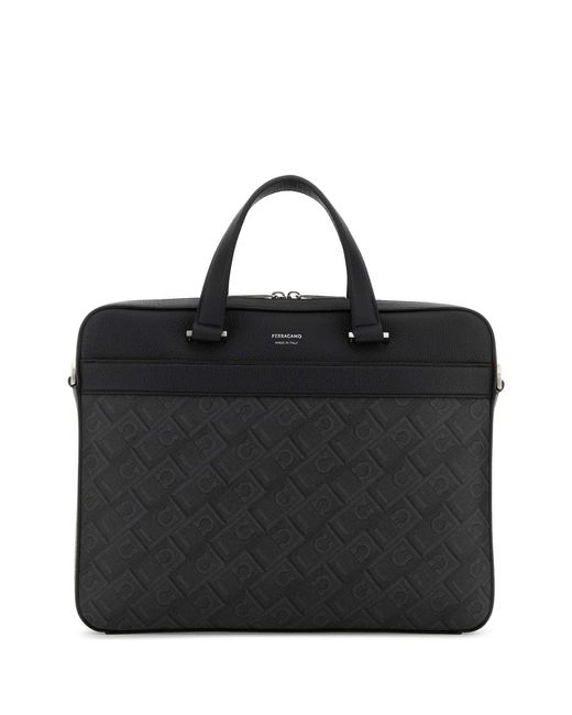 Ferragamo Black Printed Canvas Briefcase for men