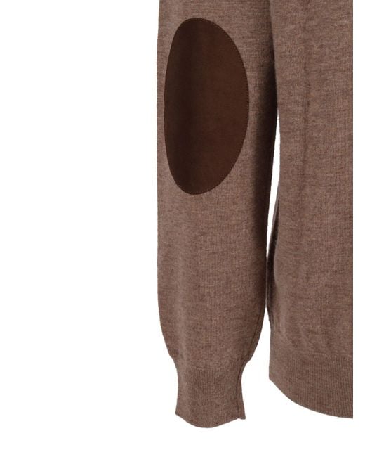 Kangra Cashmere Brown Girocollo Basico Rasato Calato C/Toppe Alcantara