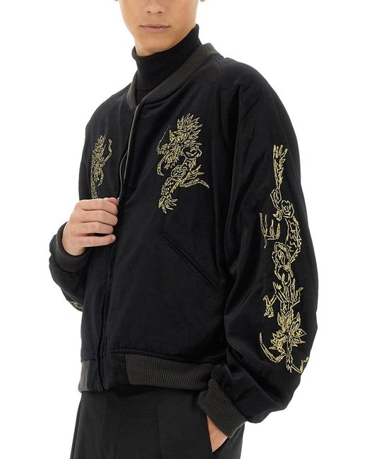 Sasquatchfabrix Black Dragon-Embroidered Bomber Jacket
