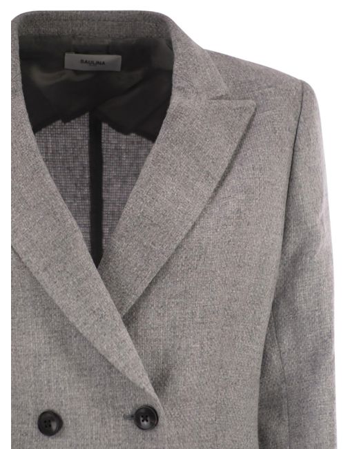 SAULINA Gray Anita Double Breasted Wool And Linen Blazer