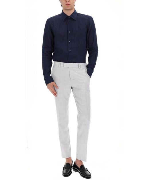 Boss Blue Linen Button-Up Shirt For for men