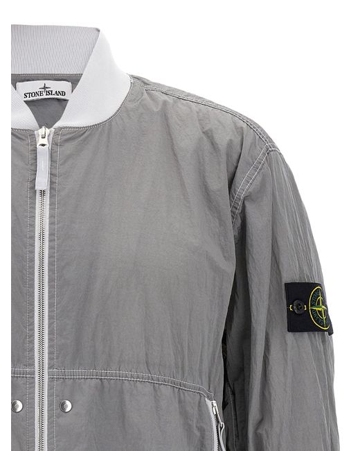 Stone Island Gray Wrinkled Nylon Bomber Jacket With Side Logo for men