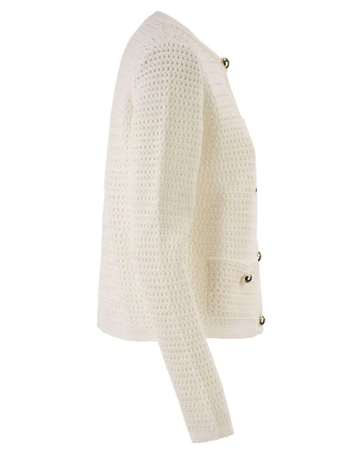 Fabiana Filippi Natural Openwork Knitted Cotton Cardigan With Jewelled Buttons