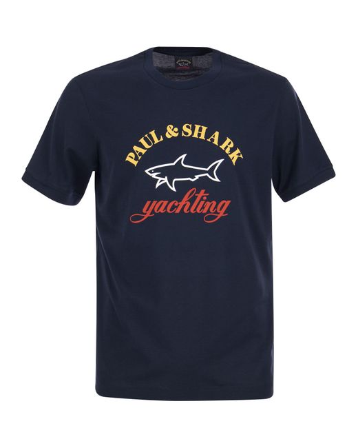Paul & Shark Cotton T -shirt Met Bedrukt Logo in het Blue voor heren