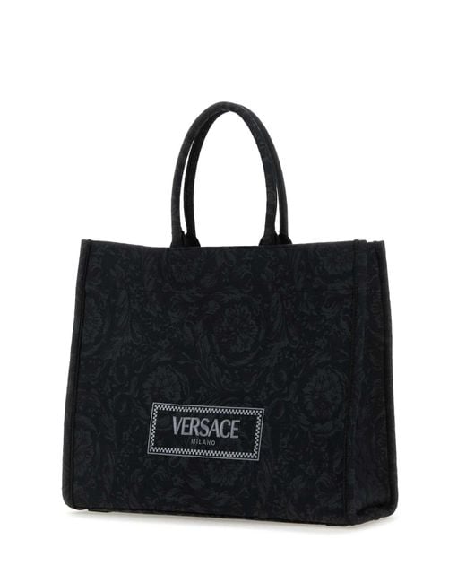 Versace Black Embroidered Fabric Big Athena Shopping Bag