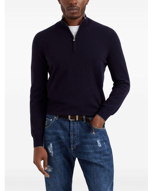 Brunello Cucinelli Cashmere Half Zip Sweater in het Blue voor heren