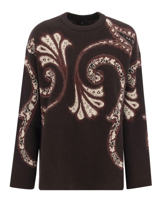 Etro Black Wool Sweater With Foliage Print