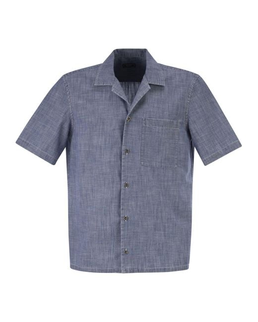 Peserico Blue Lightweight Cotton Chambray-Effect Short-Sleeve Shirt for men