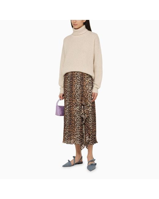 Ganni Brown Leopard Print Midi Skirt With Ruffles