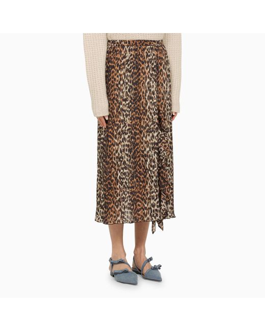 Ganni Brown Leopard Print Midi Skirt With Ruffles
