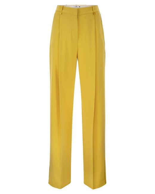 Elisabetta Franchi Yellow Lightweight Crepe Trousers With Charm Logo