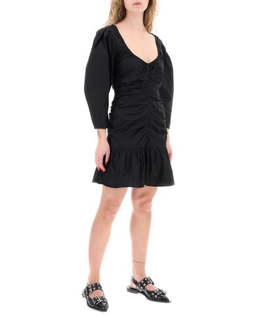 Ganni Black Mini Poplin Kleid mit gekrümmten Ärmeln