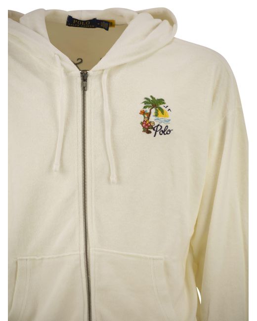 Polo Ralph Lauren Natural Cotton Blend Zip Hoodie With Tropical Embroidery