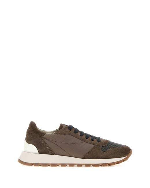 Brunello Cucinelli Brown Mud Fabric And Suede Sneakers