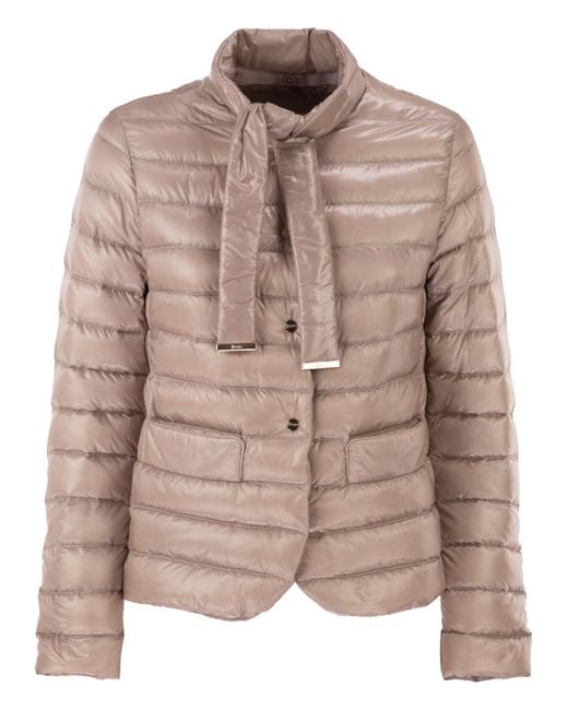 Herno Brown Ultra-Light Nylon Down Jacket With Funnel Neck And Adjustable Ribbons