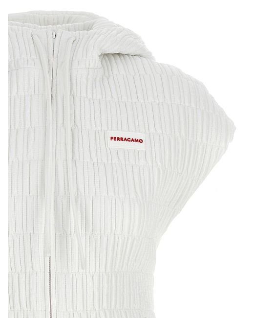 Ferragamo White Textured Nylon Hooded Vest With Zip Closure