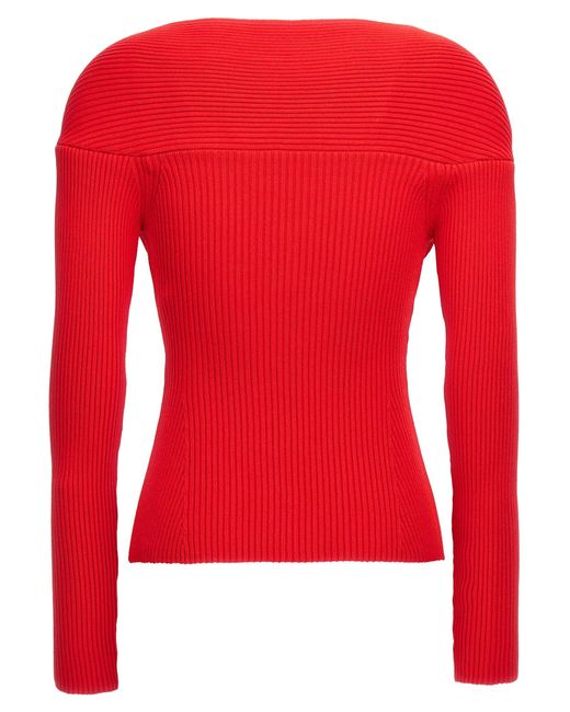 Magda Butrym Red Ribbed Viscose Blend Sweater With Sweetheart Neckline