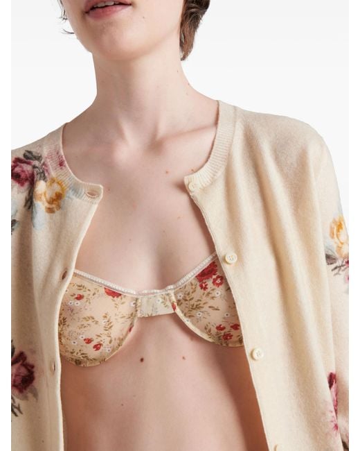 Prada Natural Floral-Print Lace-Trim Bra