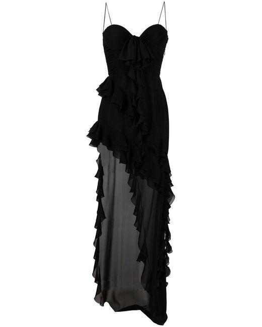 Alessandra Rich Black Ruffles Detail Silk Georgette Evening Dress
