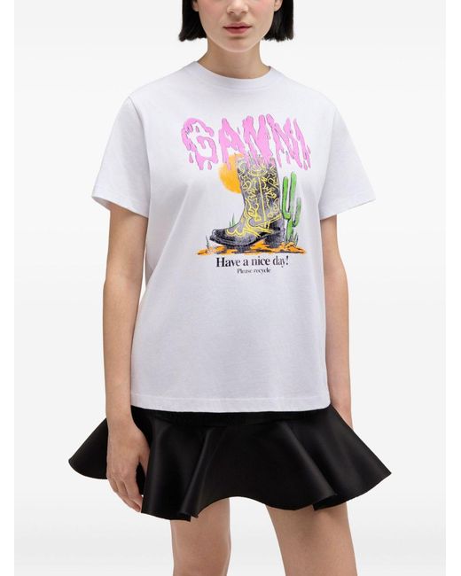 Ganni White Boots Organic Cotton T-Shirt