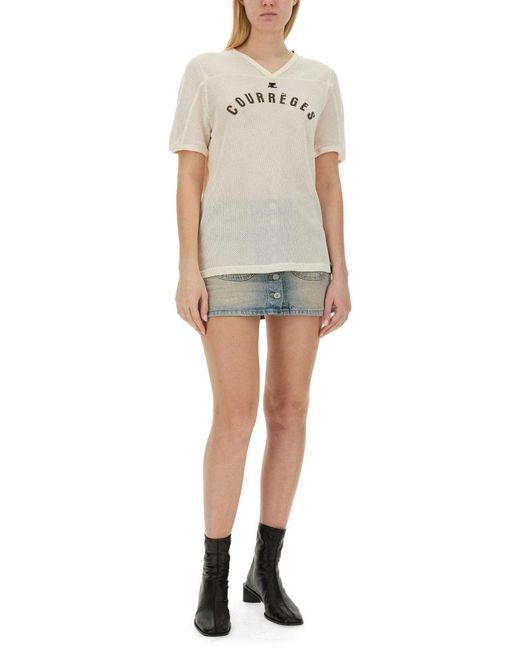 Courreges White Sporty V-Neck T-Shirt