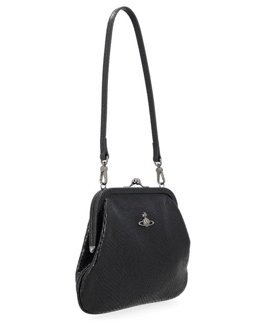Vivienne Westwood Black Small Hazel Croc-Embossed Flap Shoulder Bag
