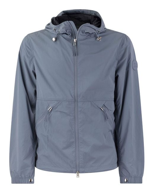 Woolrich Blue Nylon Crinkle Windbreaker With Hood for men