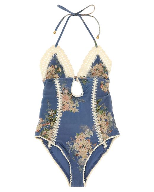Zimmermann Blue Plunging Neckline Swimsuit With Lace Trim