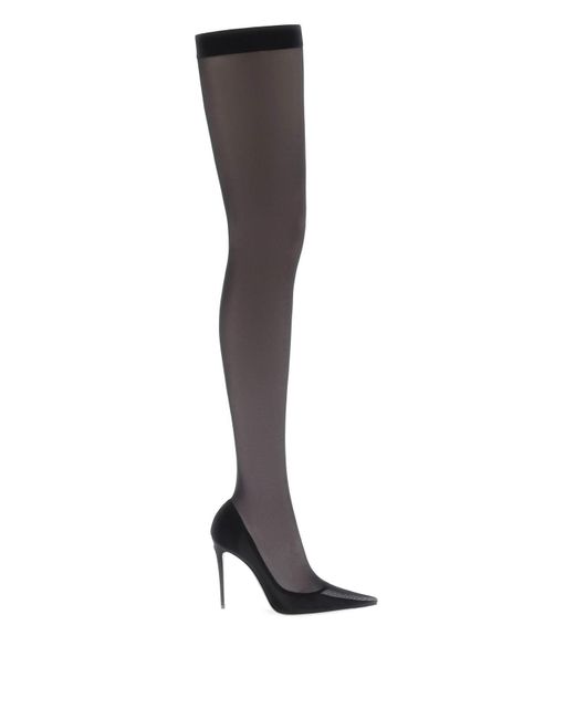 Dolce & Gabbana Black Stretch Tüll Oberschenkel hohe Stiefel