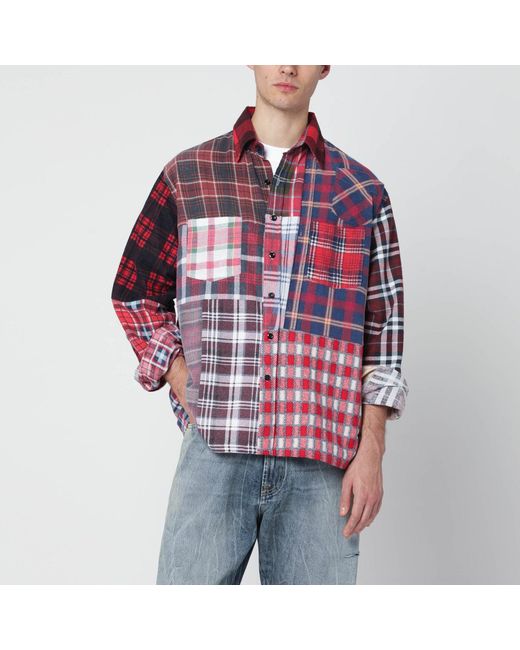Needles Red Cotton Patchwork Check Shirt for men