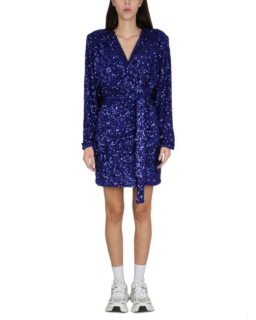 ROTATE BIRGER CHRISTENSEN Blue Deep V-Neck Sequined Evening Dress With Adjustable Belt