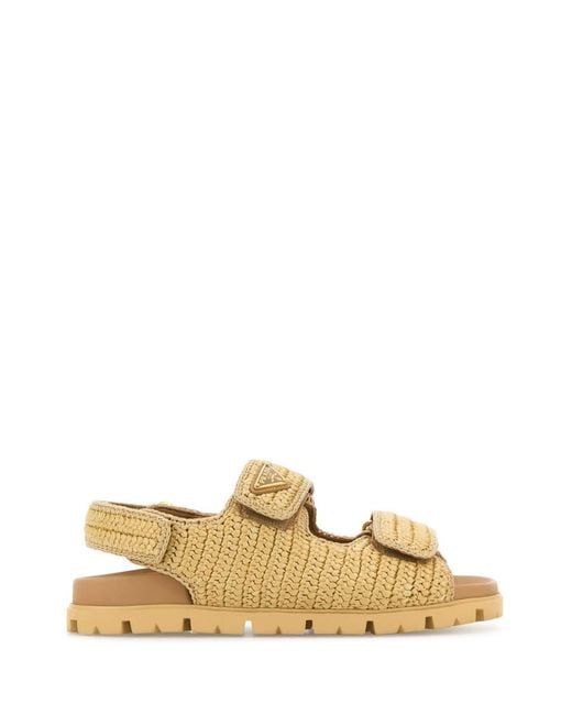 Prada Metallic Woven Straw Open Toe Flat Sandals