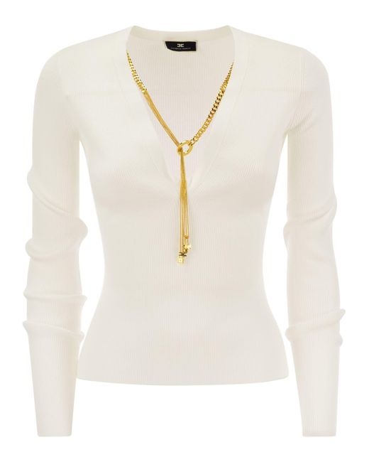 Elisabetta Franchi White Long Sleeved Ripped Viskose Top mit Halskette