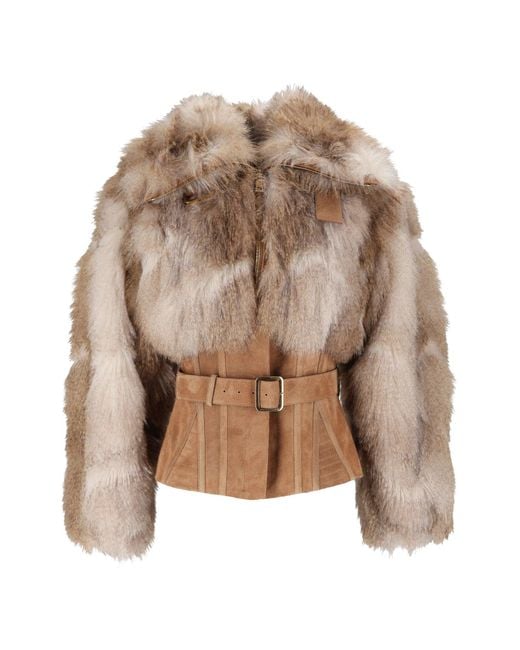 Elisabetta Franchi Natural Cropped Textured Fur-Like Suede Belt Jacket