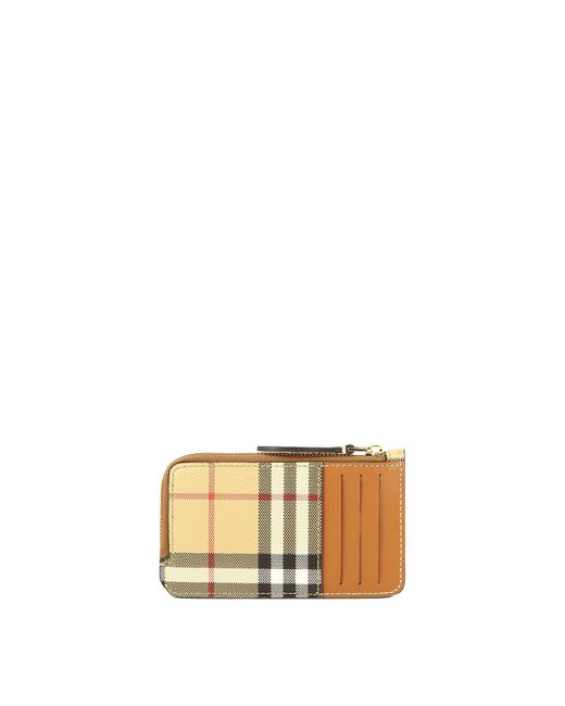 Check and Leather Card Case Burberry de color Metallic