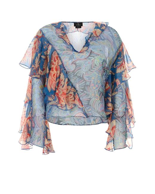 Etro Blue Maglia A Maniche Lunghe Con Volant