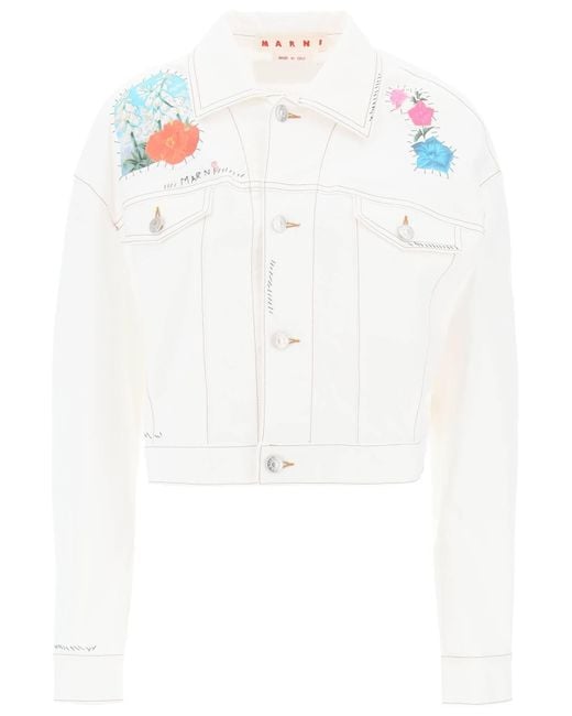 Marni White "Cropped Jeansjacke mit Blumenflecken und Stickereien"