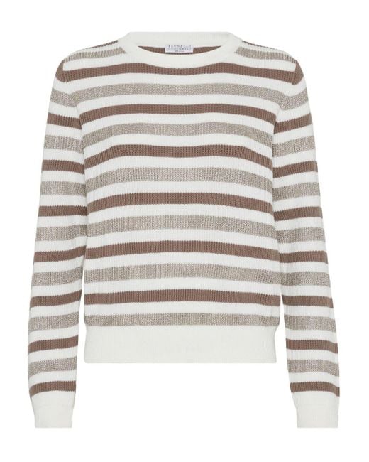 Brunello Cucinelli White Striped Cotton Crewneck Sweater