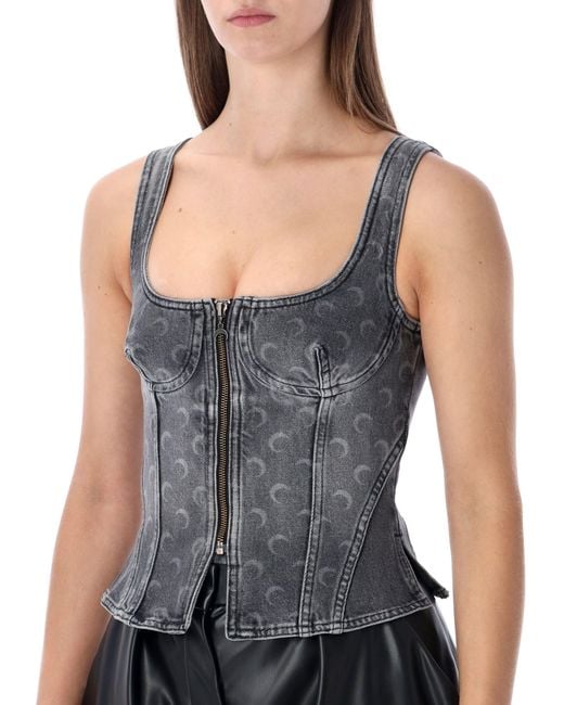 MARINE SERRE Blue Moon Laser Washed Denim Bustier Top