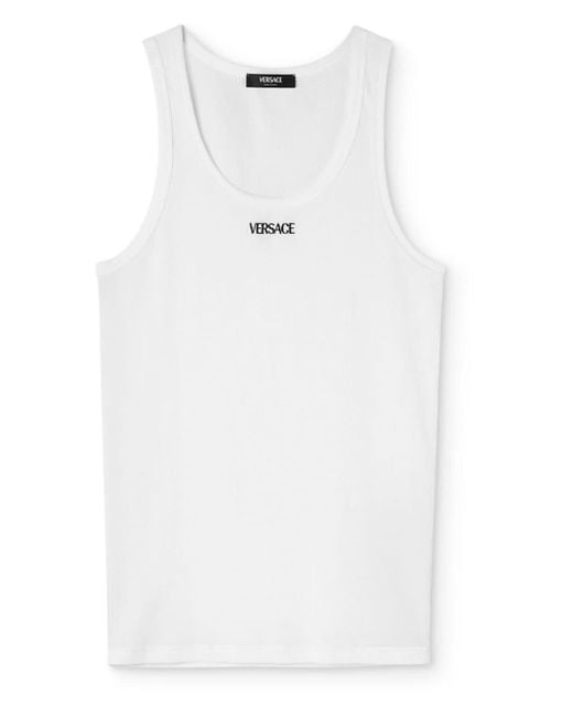 Versace White Logo geripptes Baumwoll -Tank -Top
