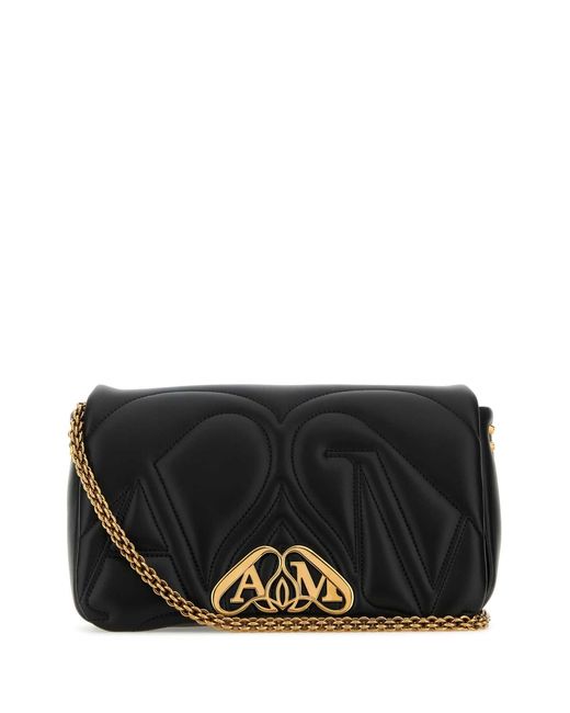 McQueen Black Seal Logo Small Leather Crossbody Bag