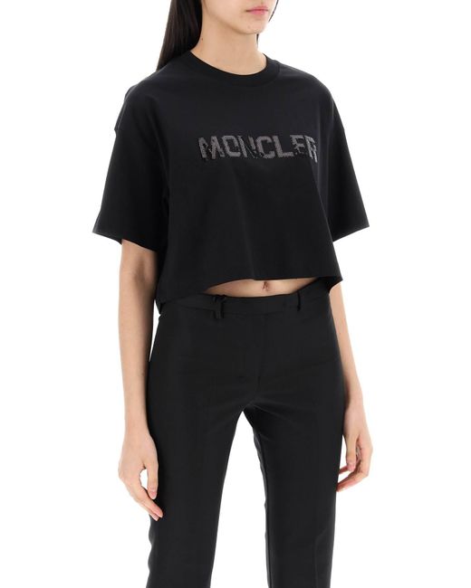 Moncler Black Beschnittenes T -Shirt mit Pailletten -Logo