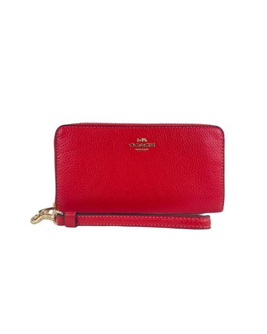 COACH (c4451) Long Miami Red Pebbled Leather Zip Around Wristlet Clutch