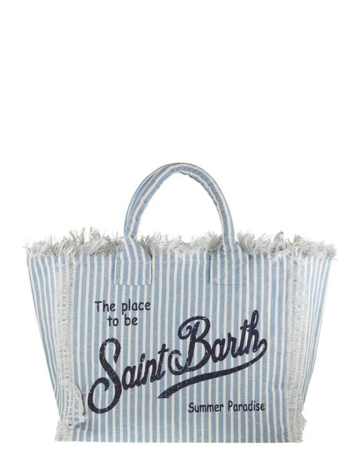 Mc2 Saint Barth Blue Striped Linen Beach Tote Bag With Printed Logo