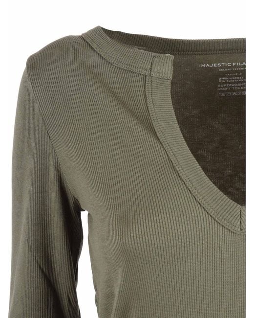 Filatures Du Lion Green V Neck T-Shirt, 3-4 Sleeve Viscose Elastane Short Sleeves T-Shirt