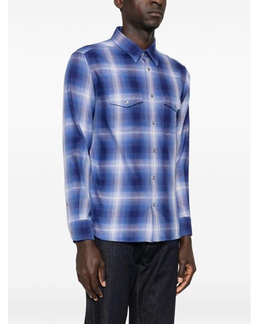 Tom Ford Blue Cotton Checked Shirt for men