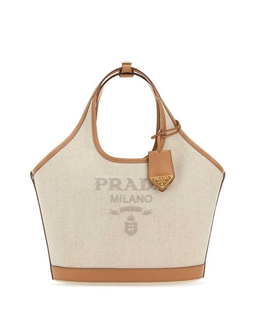 Prada Gray Linen Blend And Leather Tote Bag